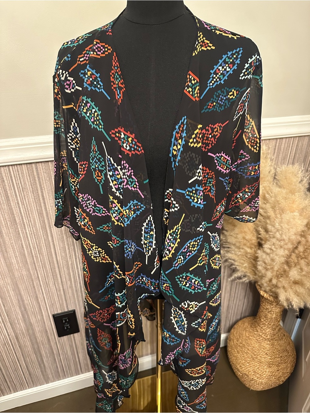 Boho Sheer Feather Print Kimono Duster Medium High Low Festival Cardigan Black - Picture 2 of 7